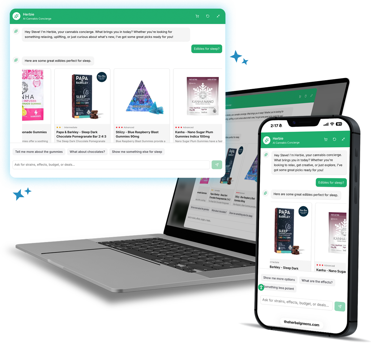 AI budtender chat interface on a dispensary website with a customer asking for product guidance