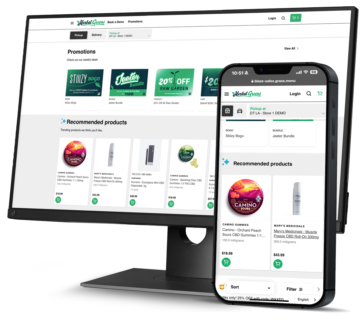 Side-by-side view of a dispensary website, mobile app, and in-store self-serve kiosk showing consistent AI-powered product recommendations
