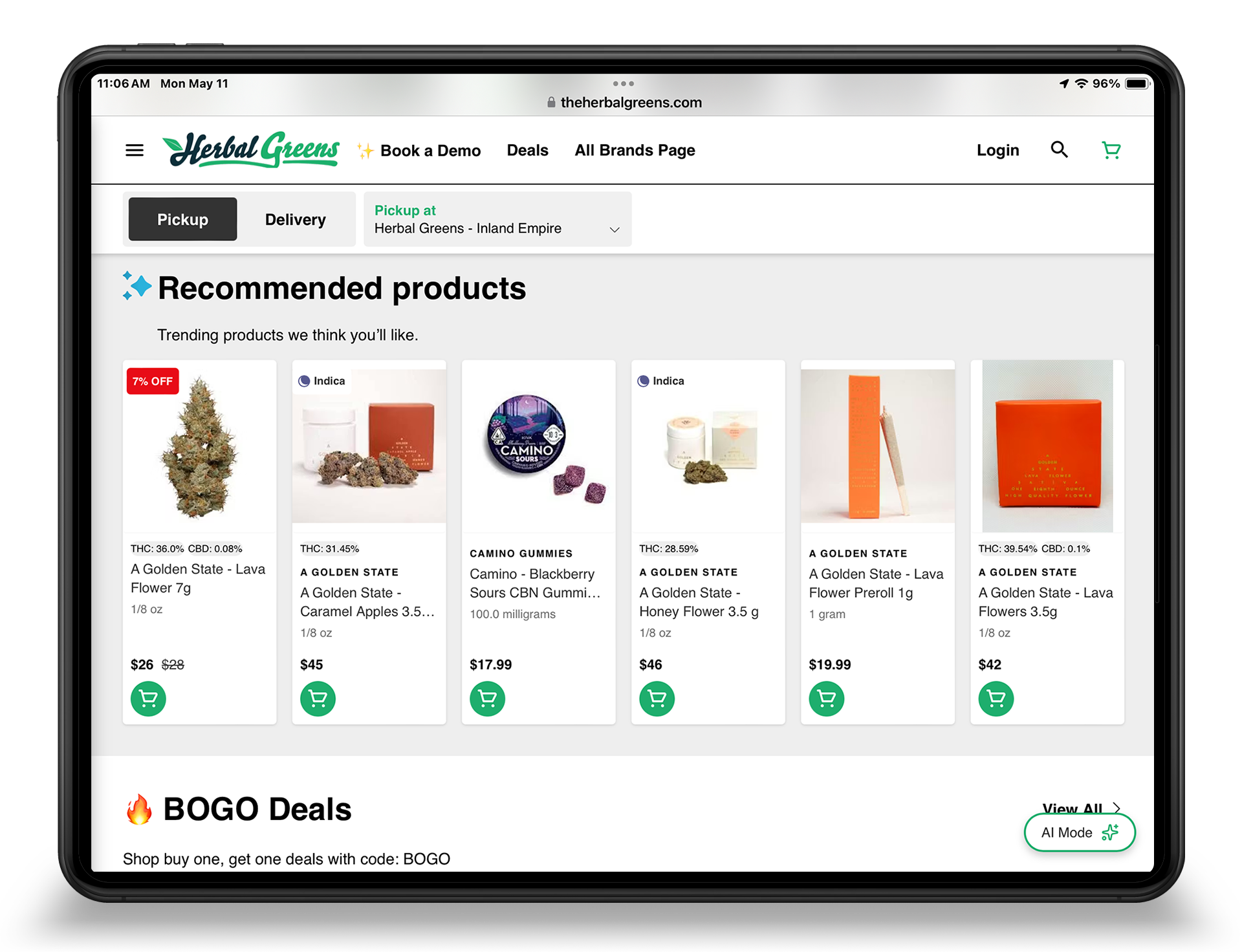 AI product recommendations on a cannabis dispensary online menu showing personalized product cards