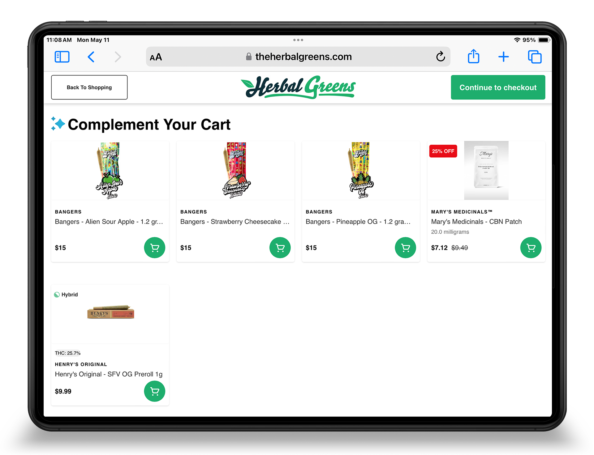 Cannabis dispensary shopping cart page showing low-cost add-on product suggestions below the cart summary