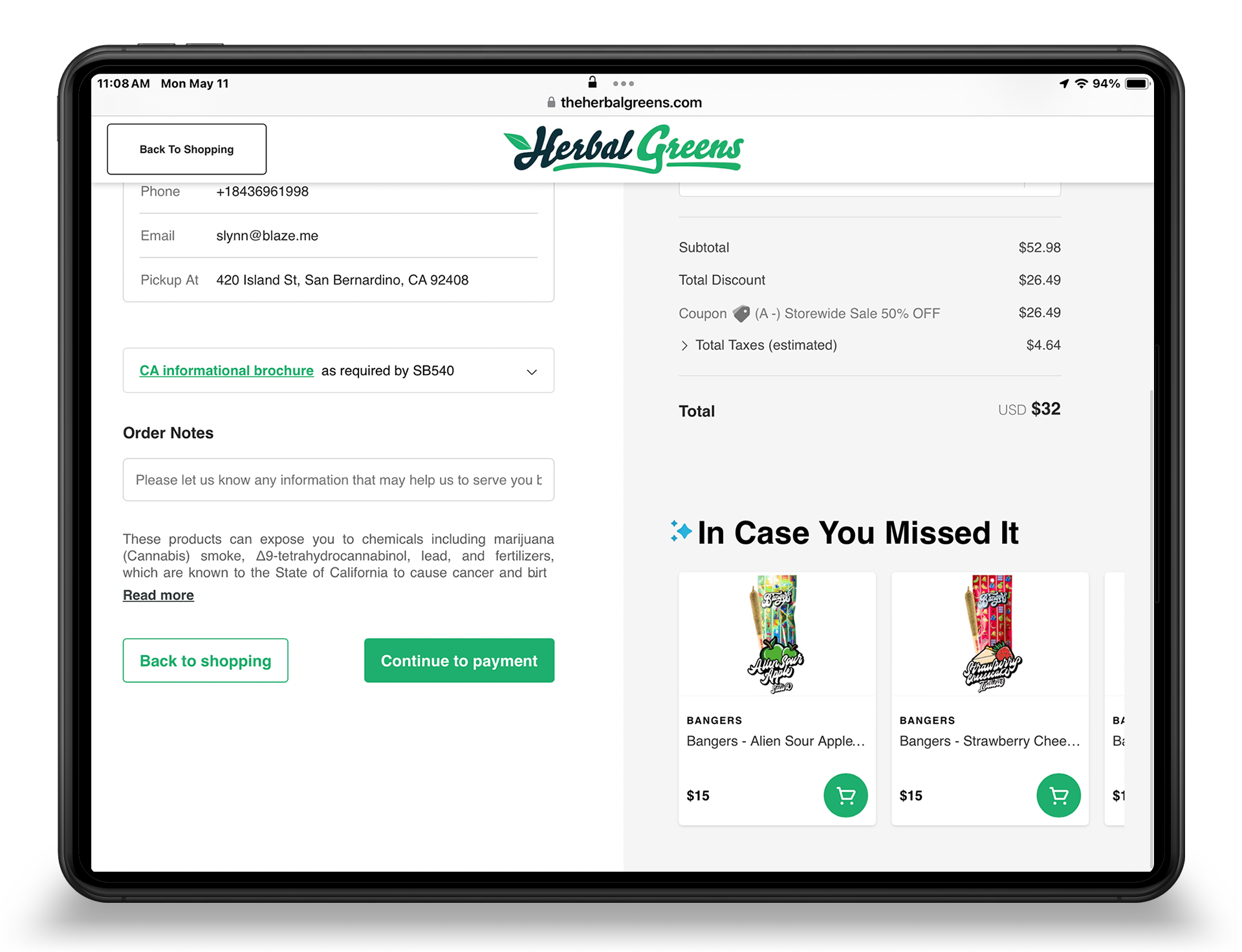 Dispensary checkout page with an In Case You Missed It product recommendation row appearing above the order confirmation button