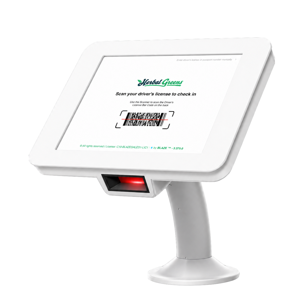 BLAZE Kiosk hardware showing the driver's license scan check-in screen at a cannabis dispensary