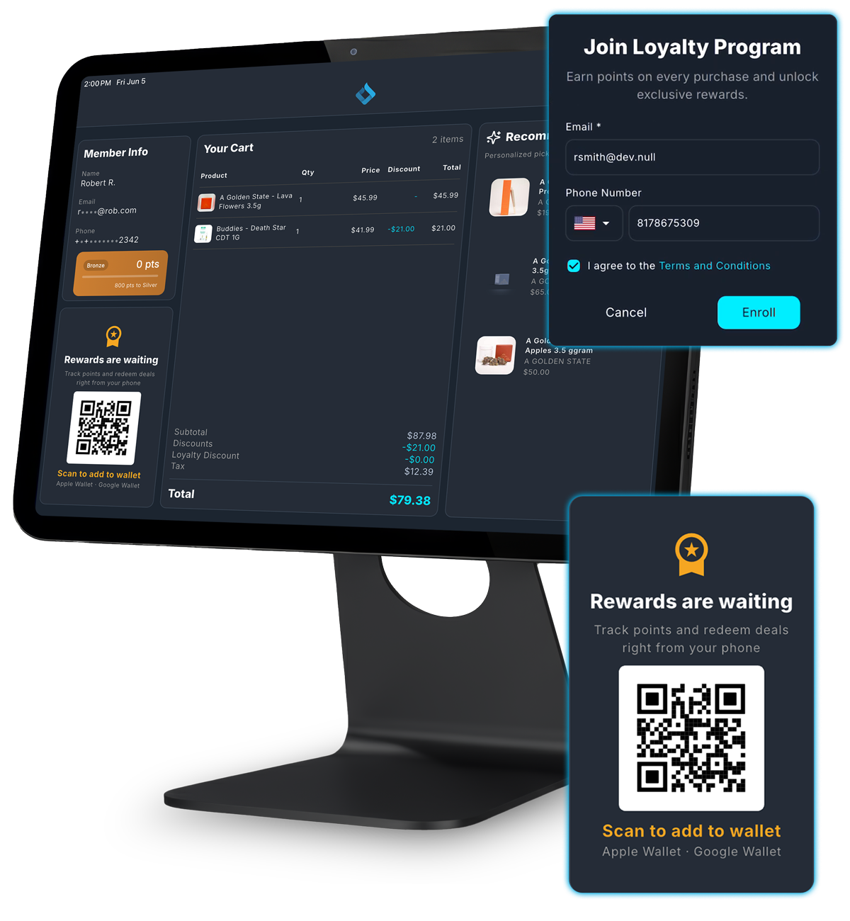 Interactive Customer-Facing Display showing the loyalty enrollment and rewards modal at checkout
